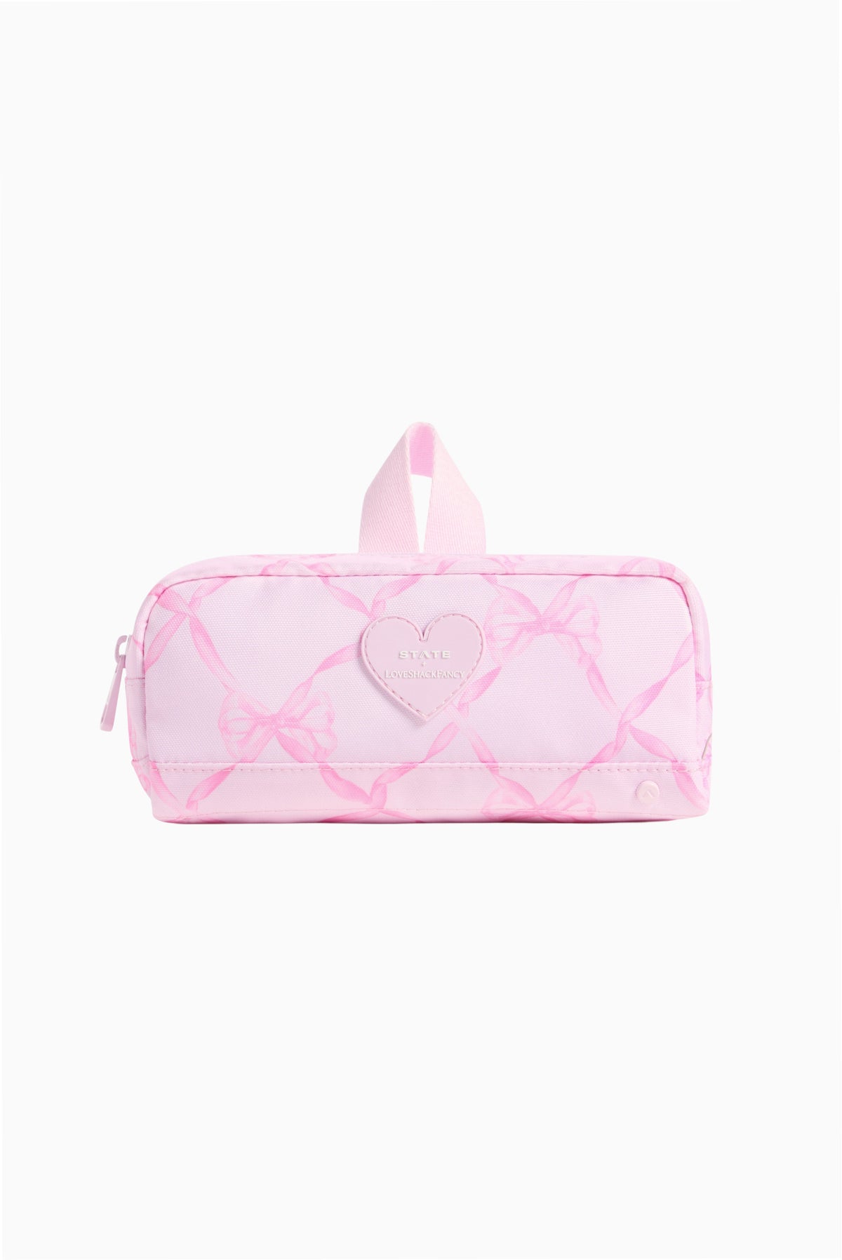 Pink pencil case with bow-and-heart print, zip closure, and top handle