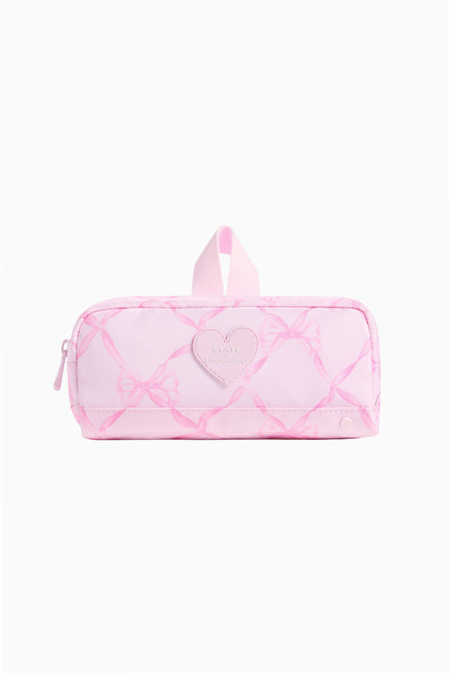 Pink pencil case with bow-and-heart print, zip closure, and top handle