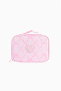 Pink clear lunch box with heart emblem, crisscross pattern and zip closure