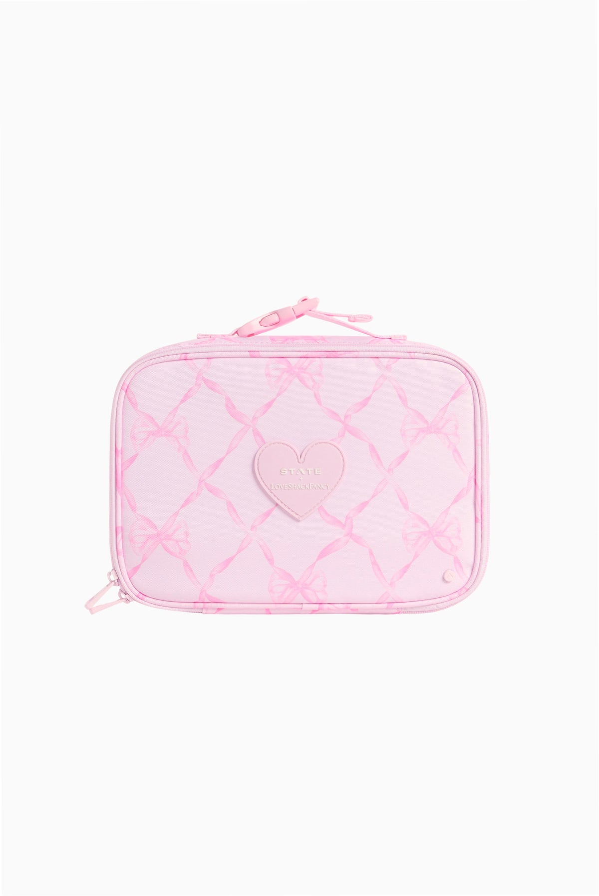 Pink clear lunch box with heart emblem, crisscross pattern and zip closure