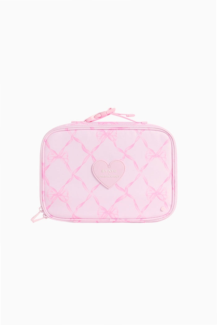 Pink clear lunch box with heart emblem, crisscross pattern and zip closure - Customized