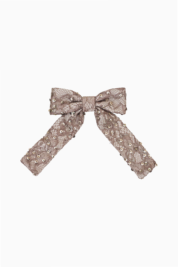 Pewter sequin lace bow barrette with long ribbon tails