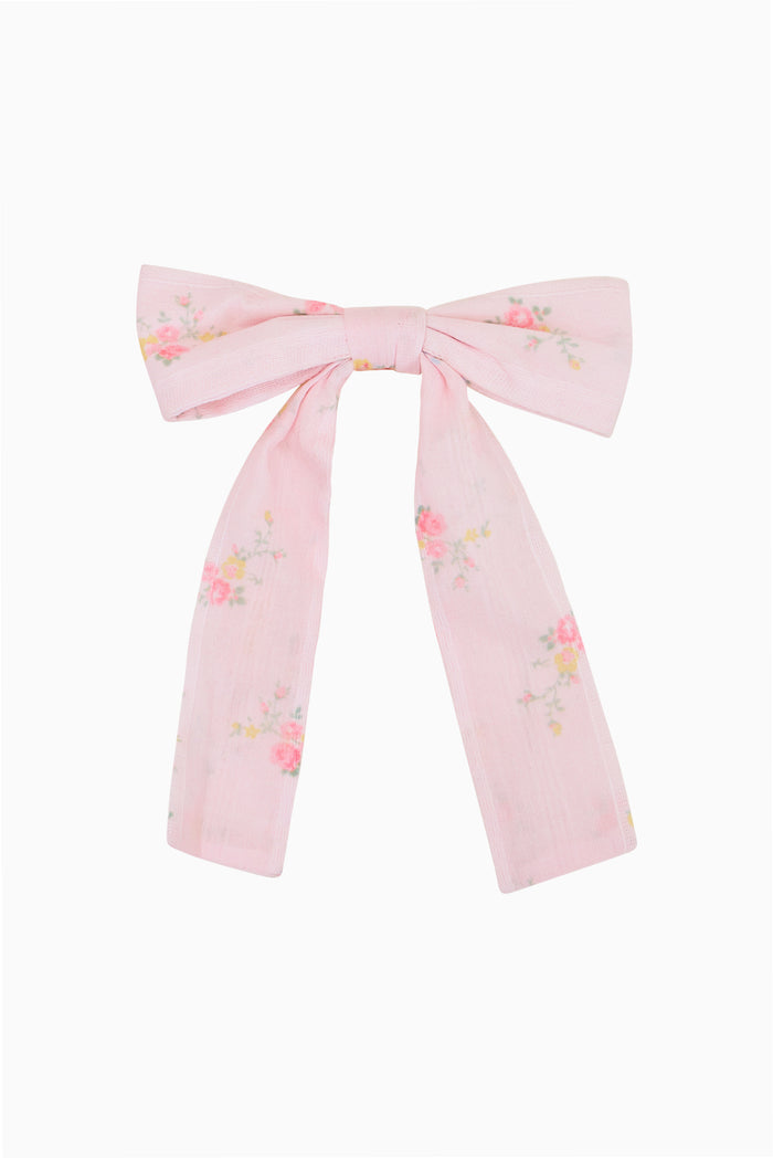 Pink floral bow barrette with long streamers