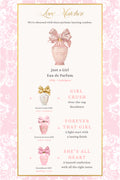 Perfume packaging card featuring a pink bottle illustration with bow.