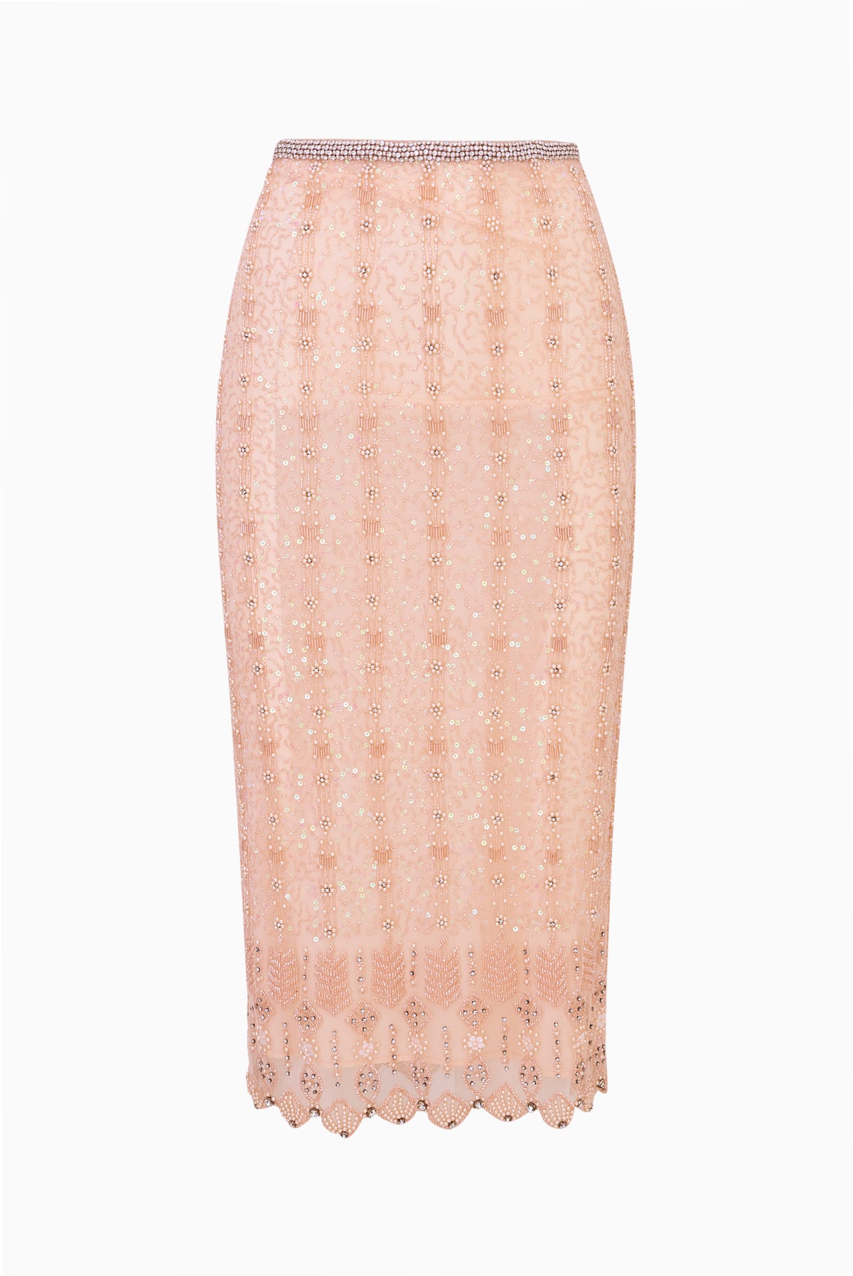 Rose-gold beaded midi skirt, straight cut with scalloped lace hem (flat lay)