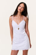 Rose drift eyelet linen mini dress with spaghetti straps and V-neckline