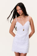 Rose drift eyelet linen mini dress with spaghetti straps and lace-trimmed hem