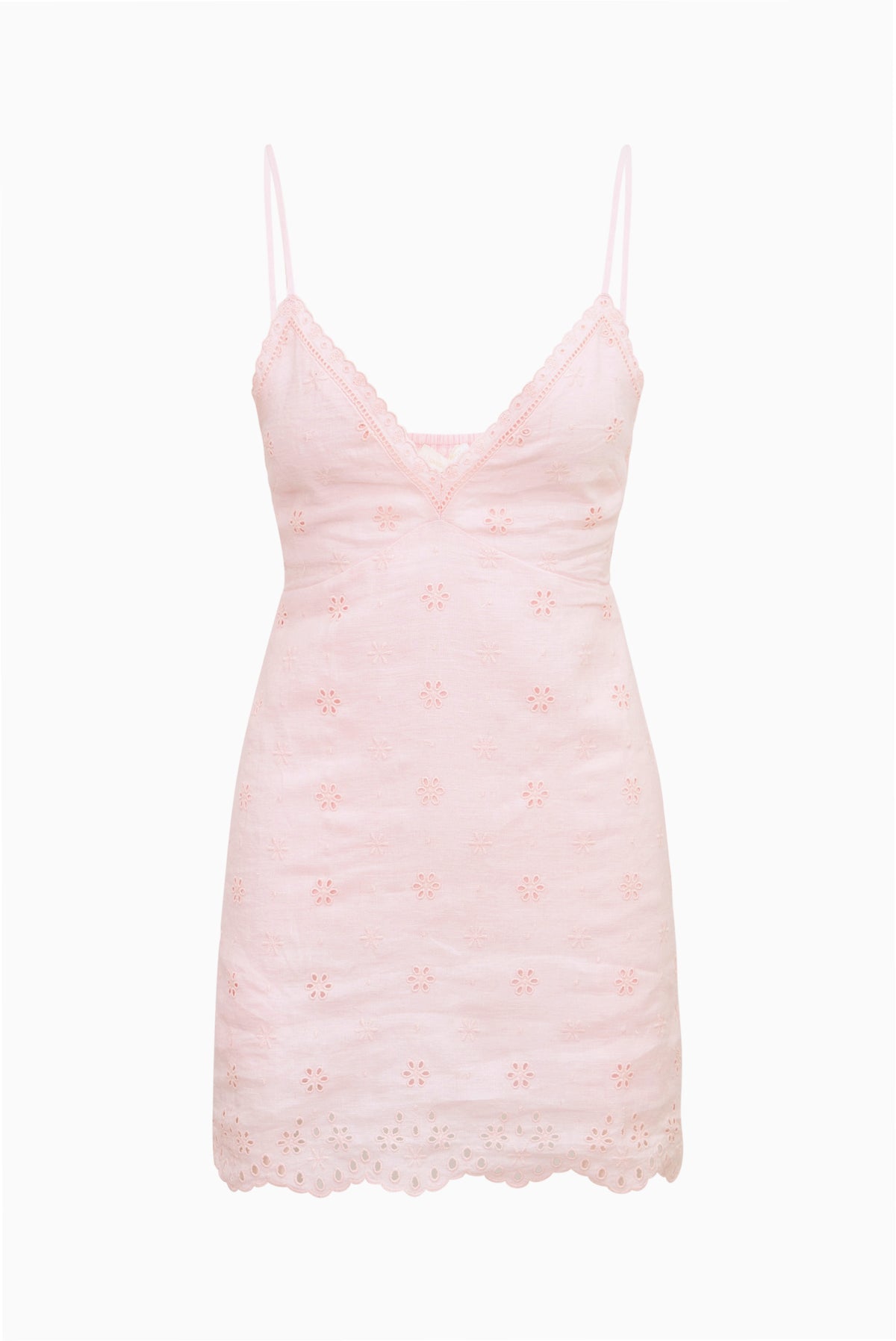 Rose drift eyelet linen mini dress with spaghetti straps and lace scalloped hem