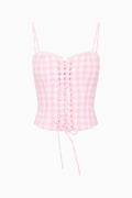 Pink gingham cotton bustier with spaghetti straps and front lace-up detail