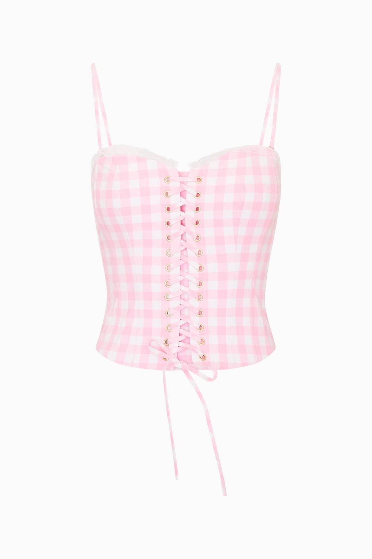 Pink gingham cotton bustier with spaghetti straps and front lace-up detail