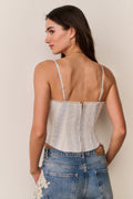 Cotton lace-up bustier, back view with thin straps and vertical light blue stripes