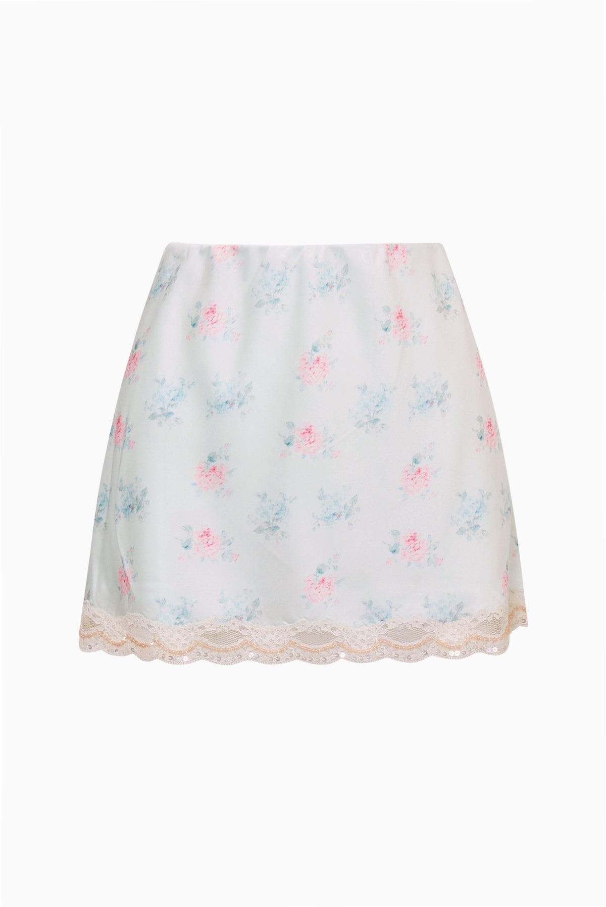 Blue mini satin slip skirt with pink and blue floral print and lace hem trim