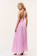 Pink bodysuit with open back and flowing sheer skirt overlay