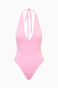 Pink bodysuit with open back and ribbon-tie straps, deep V plunge front