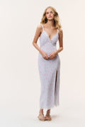 Light blue floral maxi dress with V-neck, spaghetti straps, center front tie, slit