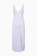 Light blue floral maxi dress with V-neck, spaghetti straps, corset-style seams