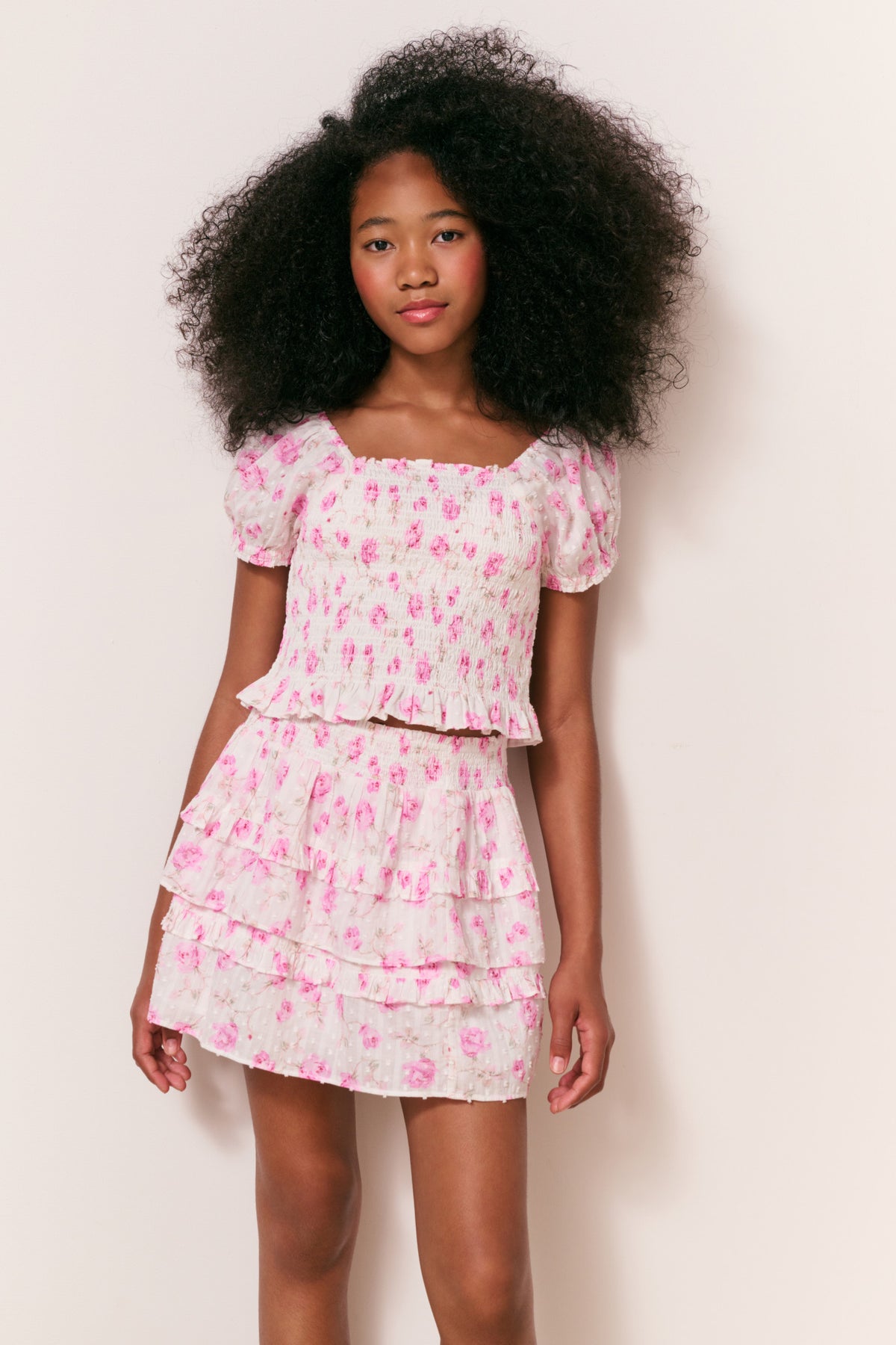 Girls floral tiered ruffle skirt, pink with small flower print