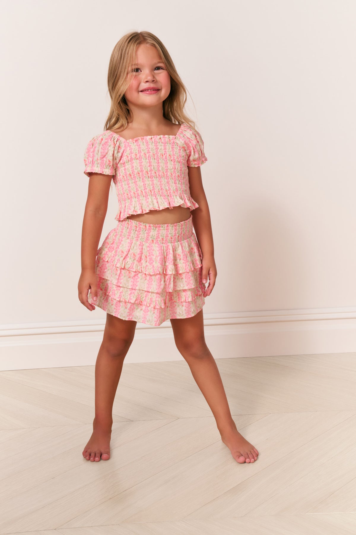 Girls printed tiered ruffle skirt, pink with textured stripe pattern