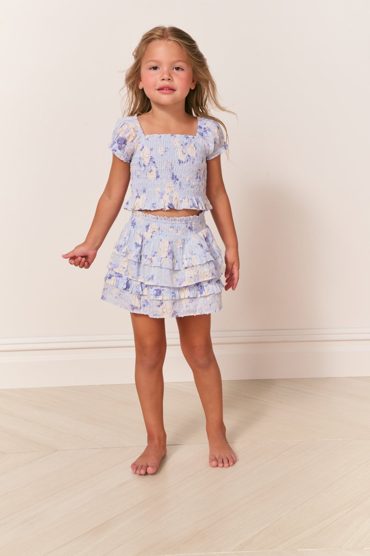 Girls printed tiered ruffle skirt, light blue with scattered pattern
