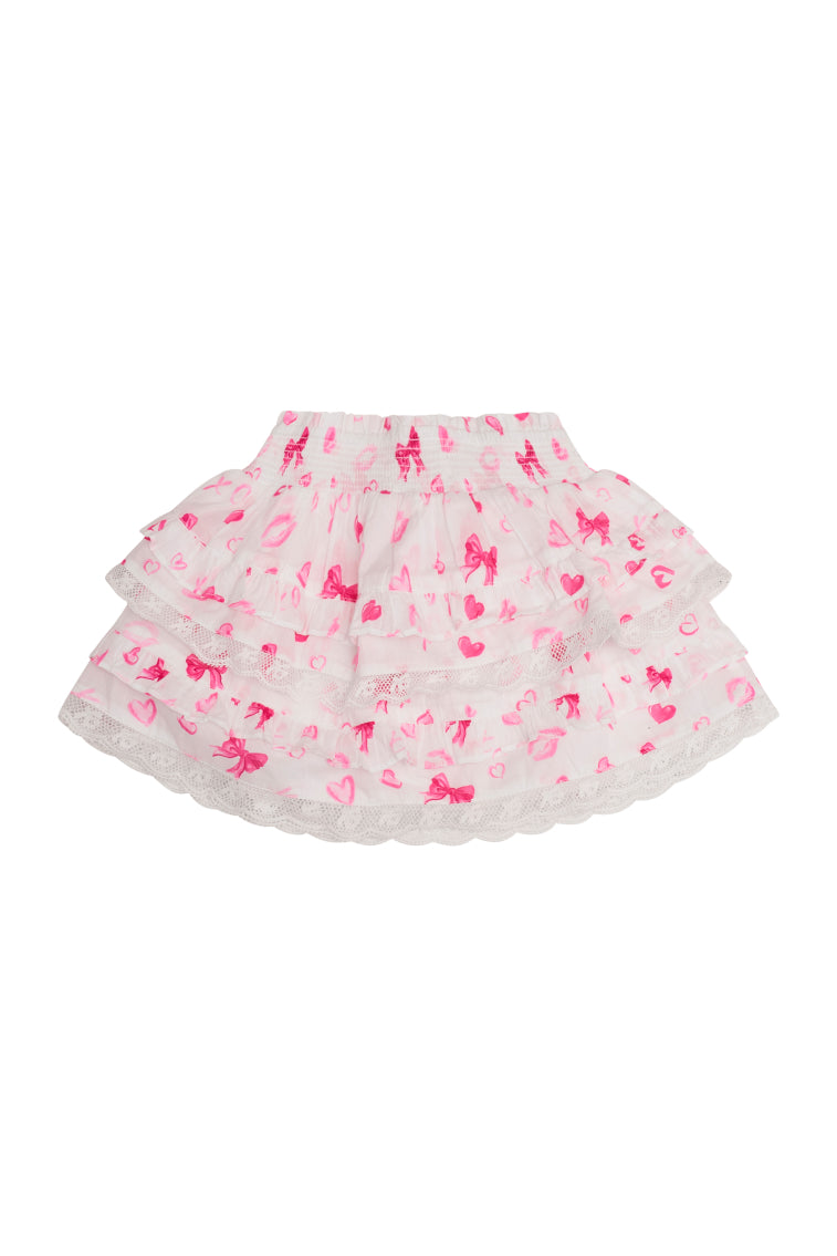 Girls pink heart and kiss print ruffle skirt, tiered layered hem