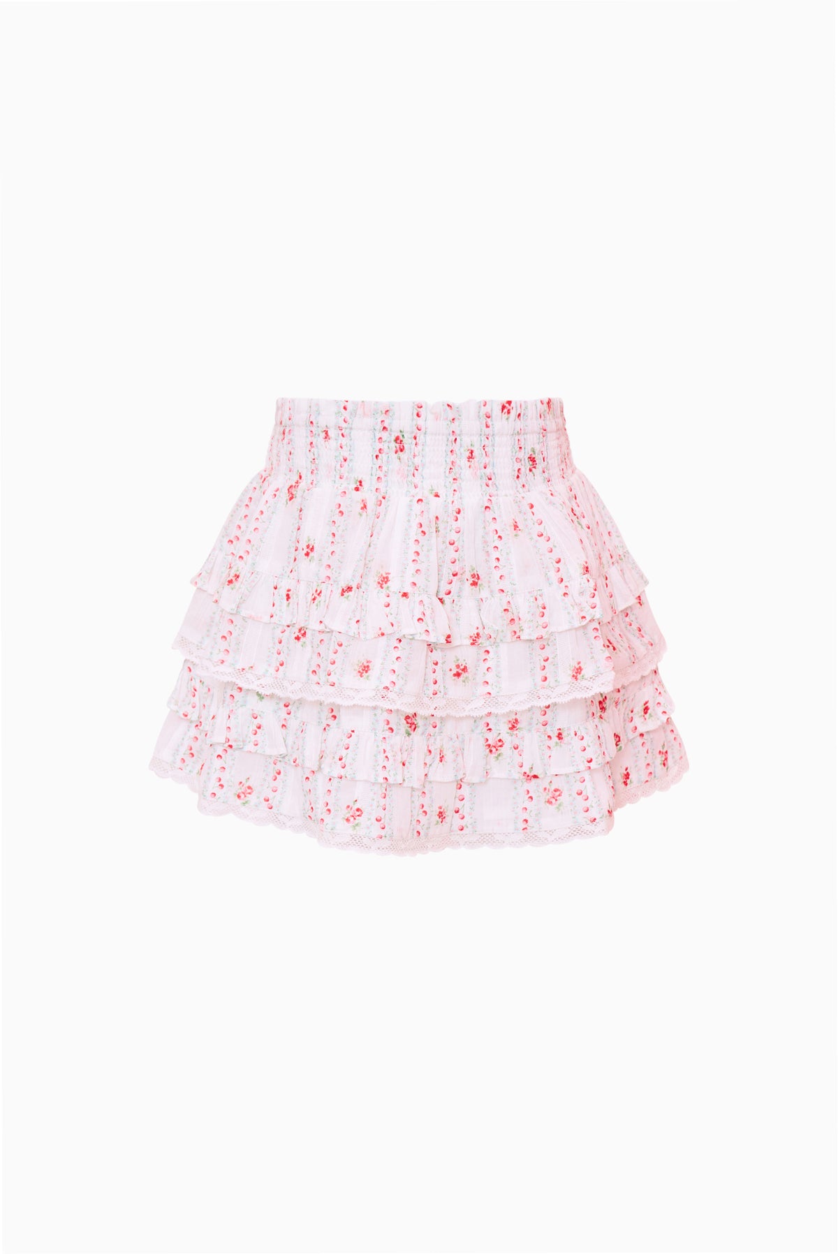 Girls tiered ruffle cherry-print skirt, white with pink accents, multi-layered hem
