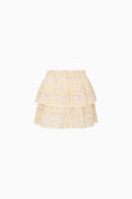 Girls tiered floral skirt with layered ruffles and elastic waistband, yellow print