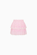 Pink tiered mini skirt with ruffled hem layers