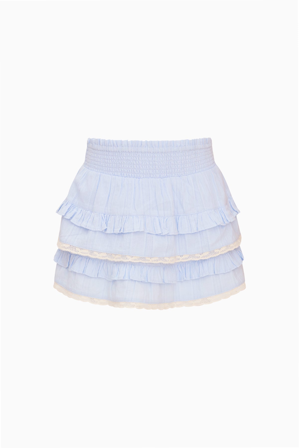 Light blue tiered ruffle cotton skirt with elastic waist