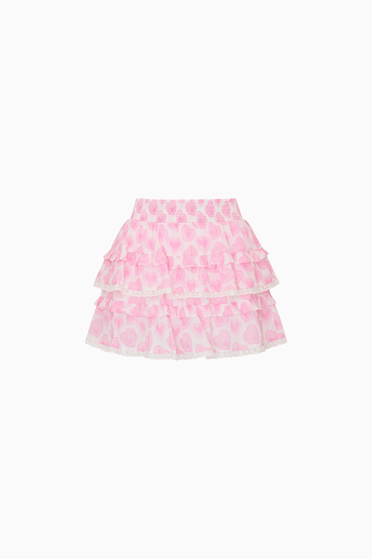 Girls pink heart print tiered ruffle skirt
