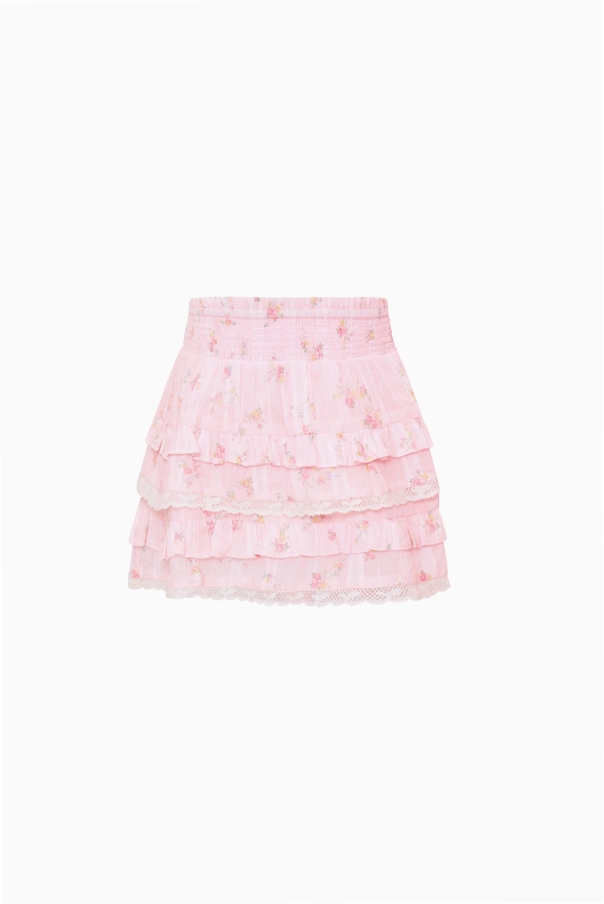 Girls light pink tiered ruffle mini skirt with elastic waistband