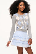 Light blue cotton ruffle skirt with layered tiers and elastic waist
