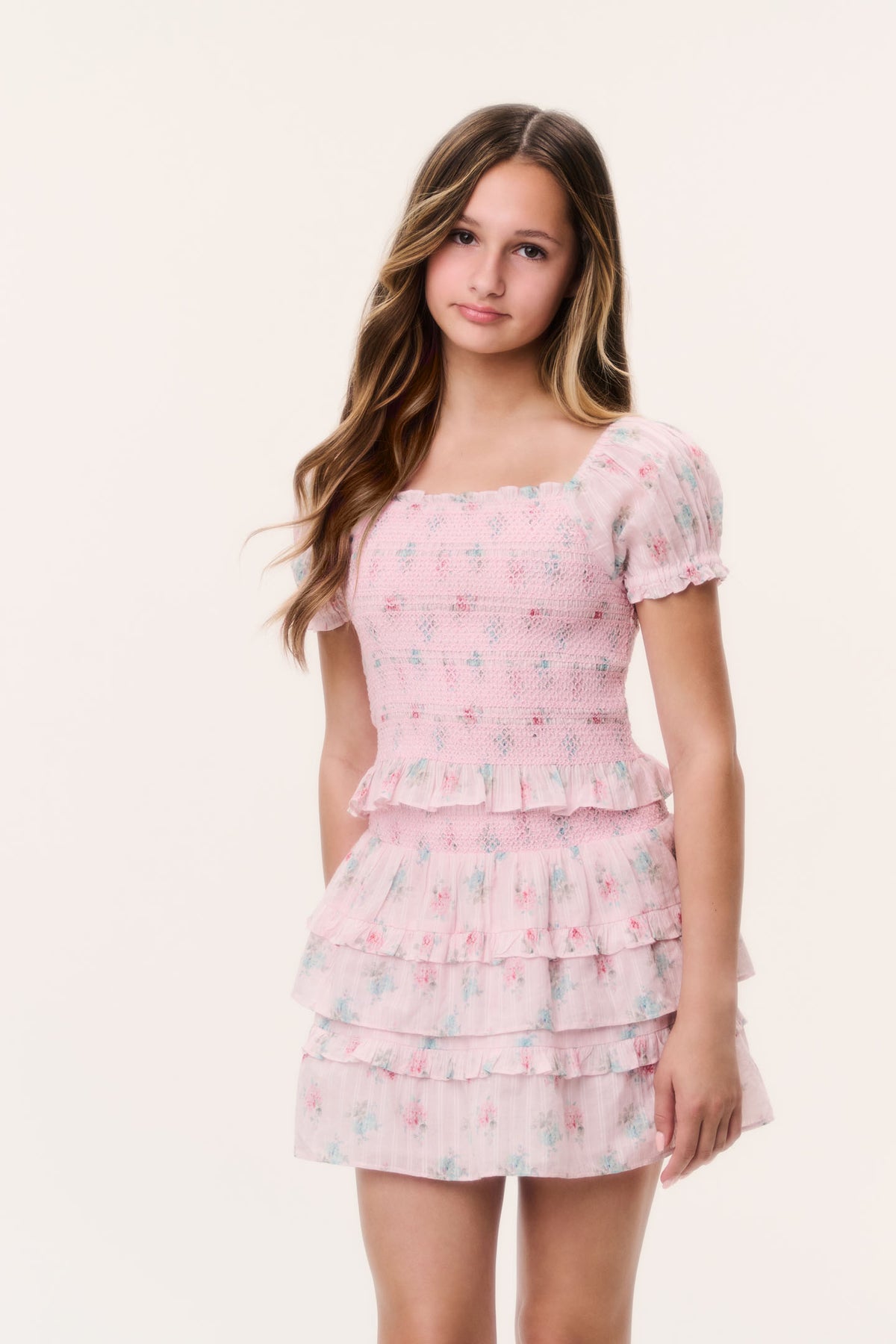 Girls pink floral tiered ruffle mini skirt