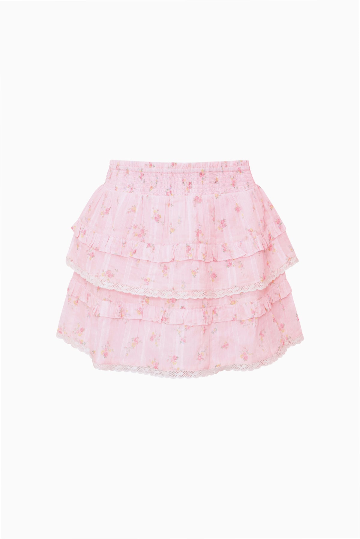 Pink ditsy floral tiered ruffle skirt with elastic waist and scalloped edges