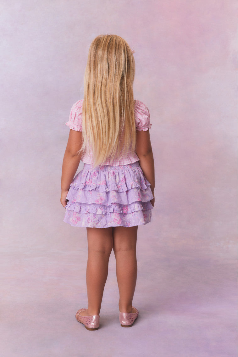 Girls printed tiered ruffle skirt, light purple/lavender (back view)