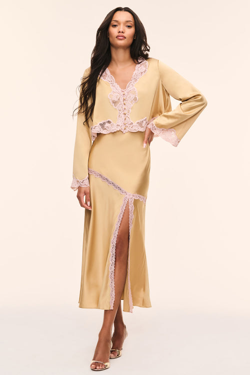 Elarine silk lace top in light tan satin with scalloped pink lace V-front and cuffs