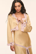 Silk lace top: light tan satin with pink lace placket, scalloped trim, long sleeves