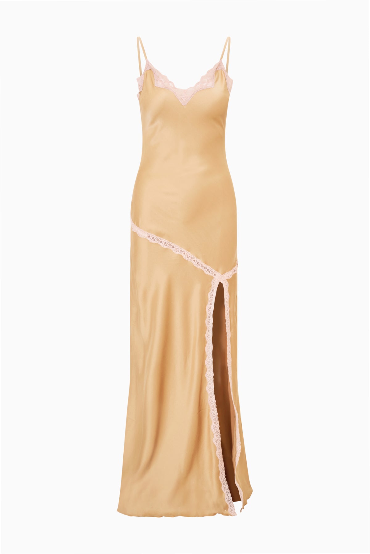 Light gold satin slip dress with lilac lace trim and thigh-high side slit