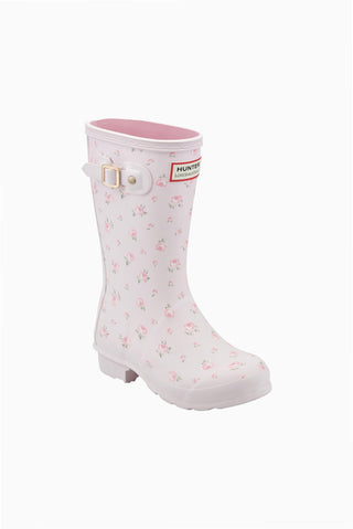Kids short rain boot in white with pink floral print, side buckle strap