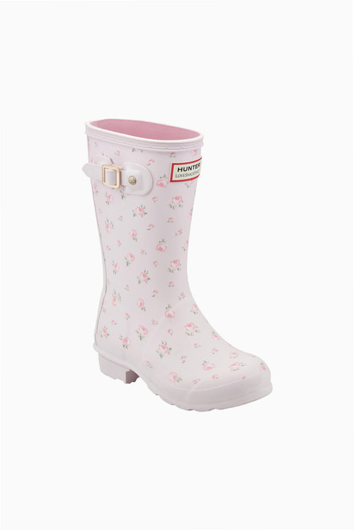 Kids short rain boot in white with pink floral print, side buckle strap