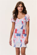 Tween patchwork mini dress with scoop neck and puff sleeves, blue/red block pattern