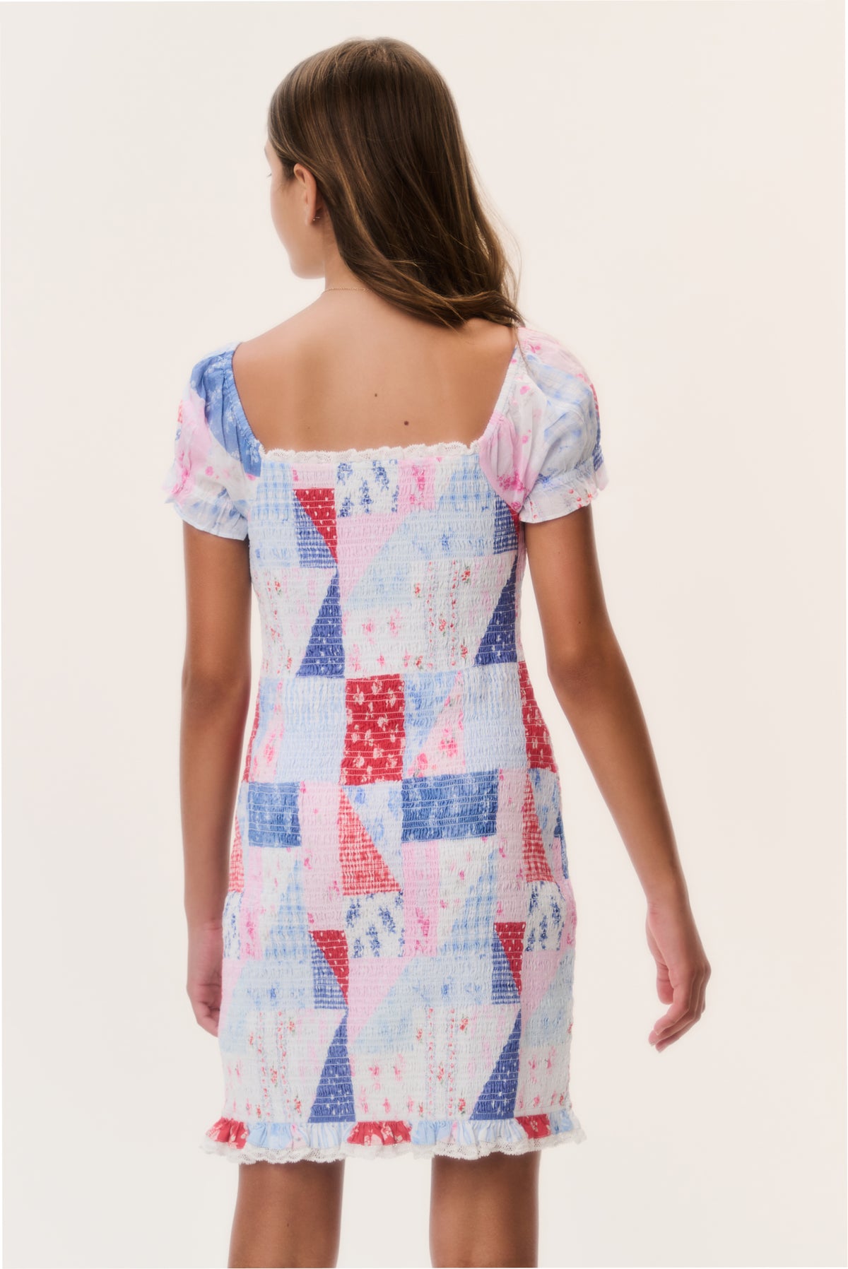 Tween patchwork mini dress back view with square elastic neckline, blue/red patchwork