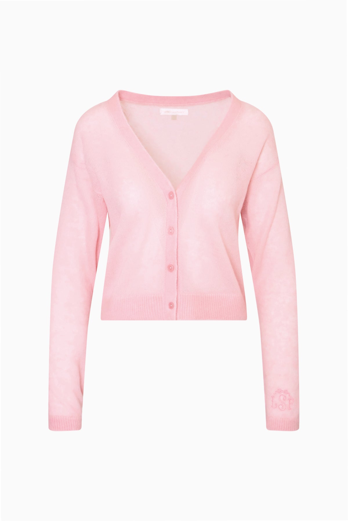 Pink sheer alpaca cardigan flat lay with V-neck and button front