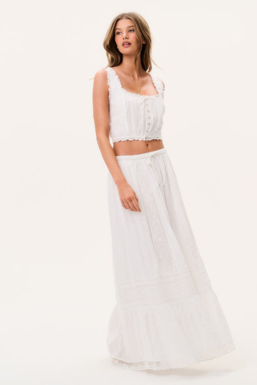 Optic white tiered maxi skirt with smocked waistband and front buttons