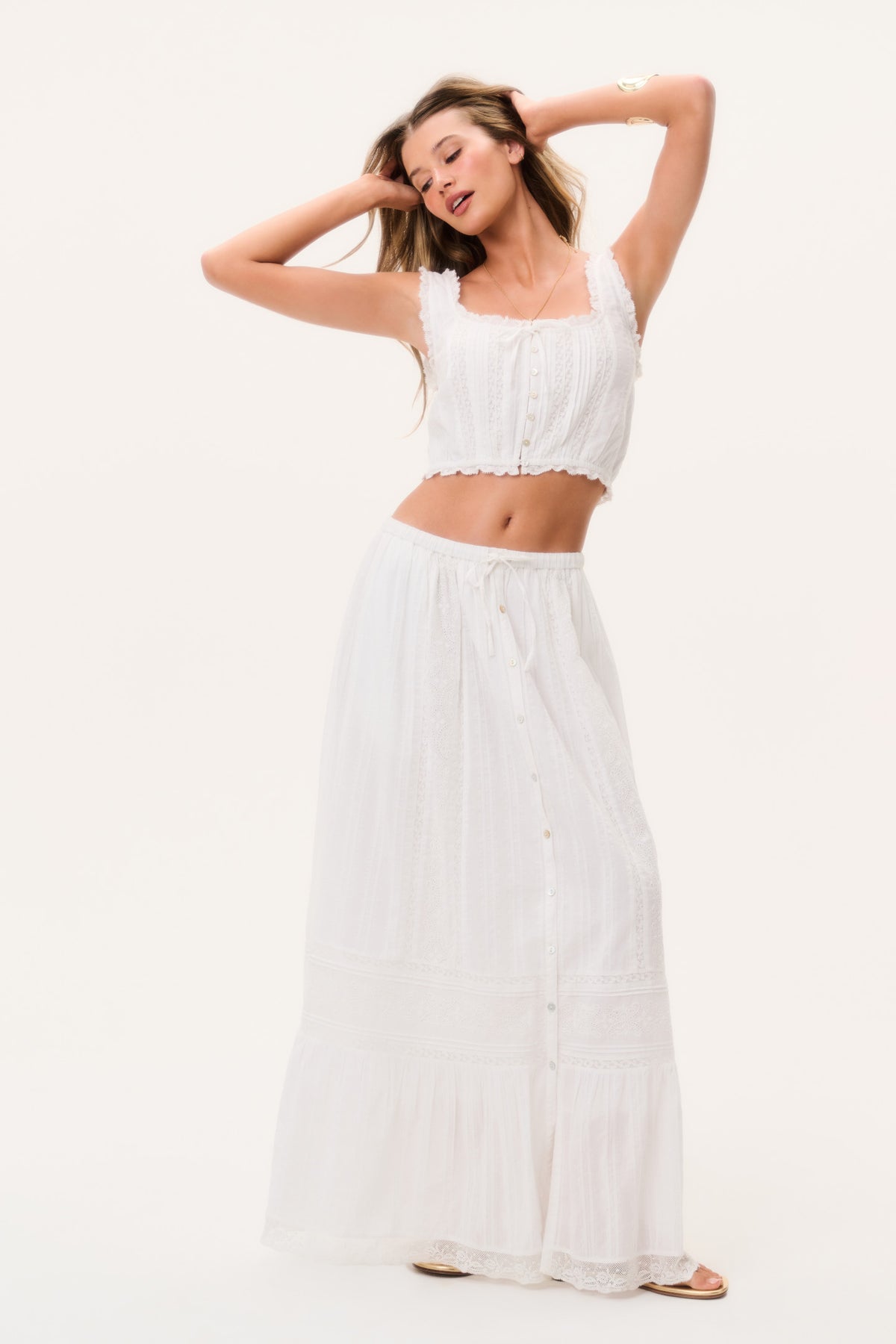 Optic white cotton maxi skirt with button placket and ruffle-trim tiered design