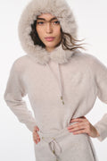 Heather gray faux fur hooded sweatshirt with drawcord center and cozy trim