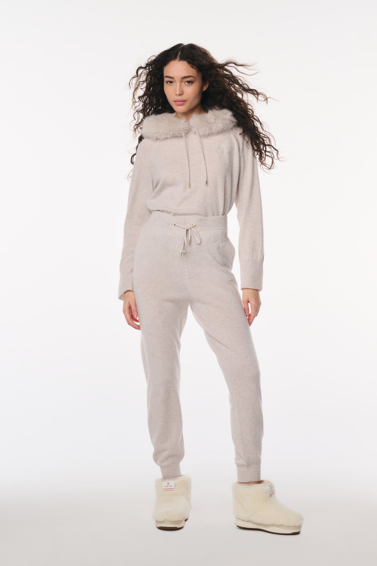 Oatmeal heather wool-cashmere joggers with drawstring waist and tapered cuffs