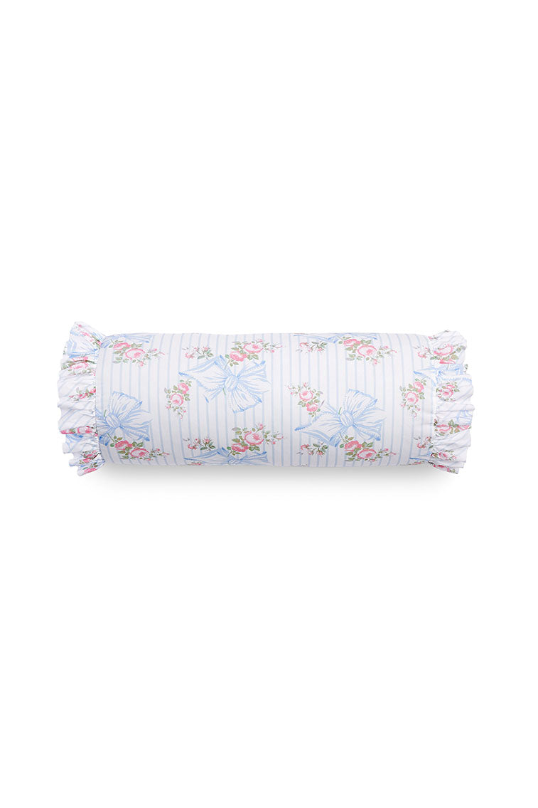 Light blue floral ruffle bolster pillow with gathered frill trim