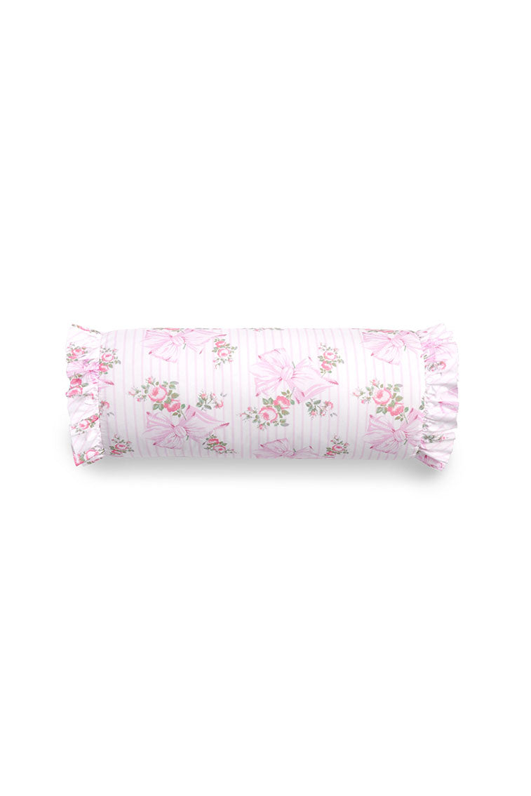 Pink floral ruffle bolster pillow with gathered frill ends