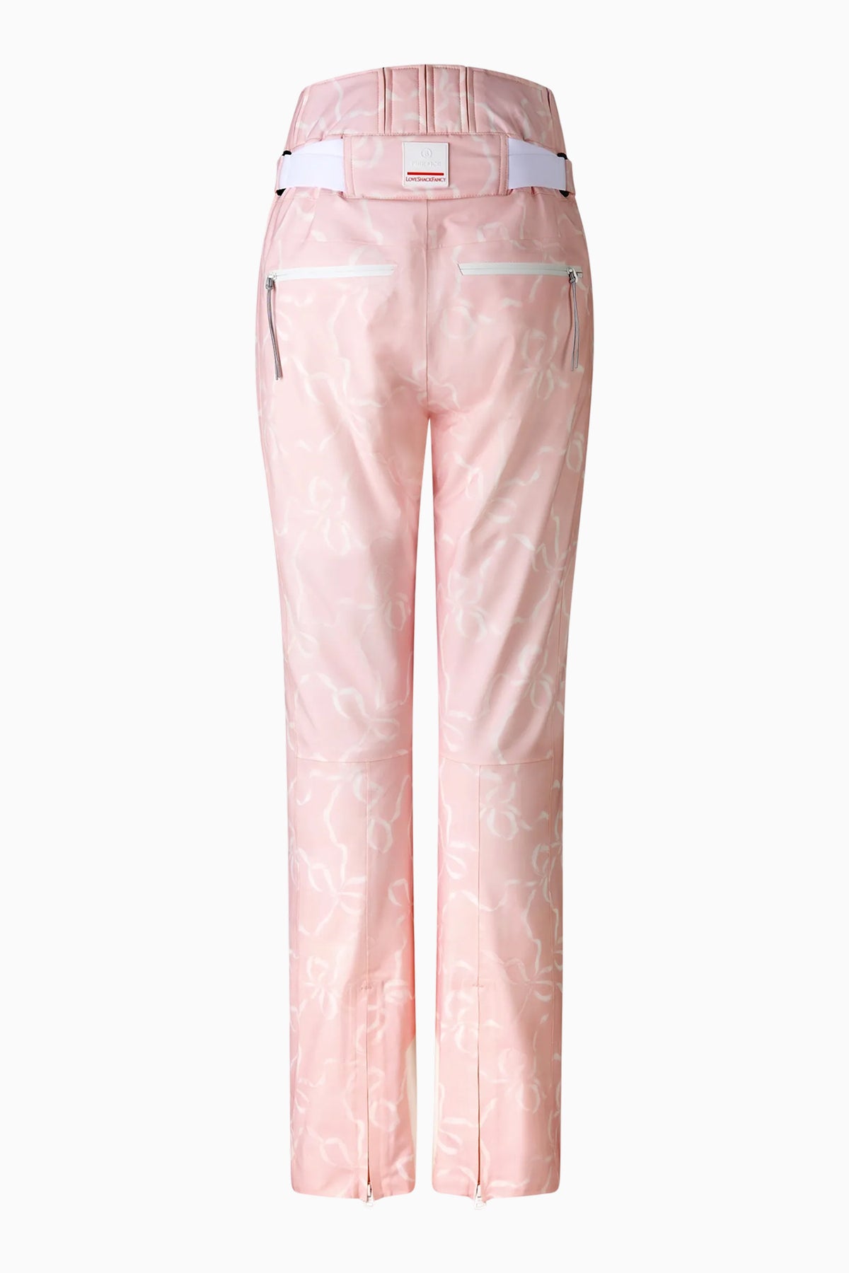 Light pink patterned ski pants with waistband patch and zip fly front