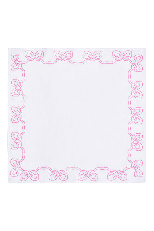 Embroidered linen bow napkin with pink border of bow loops